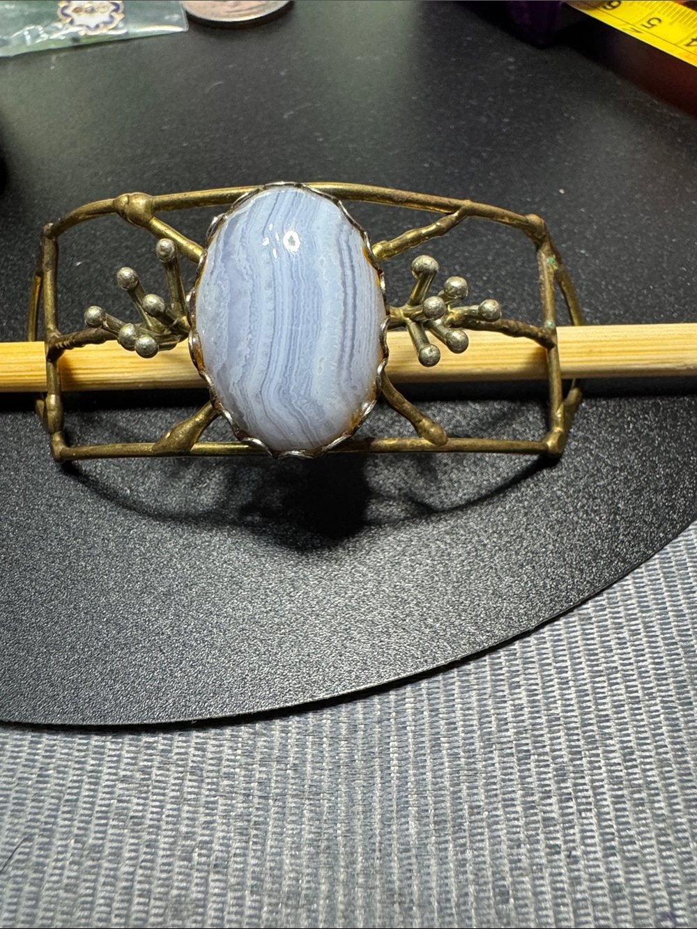 Source Unknown Blue Banded Agate Hair Slide with Brass-Tone Frame